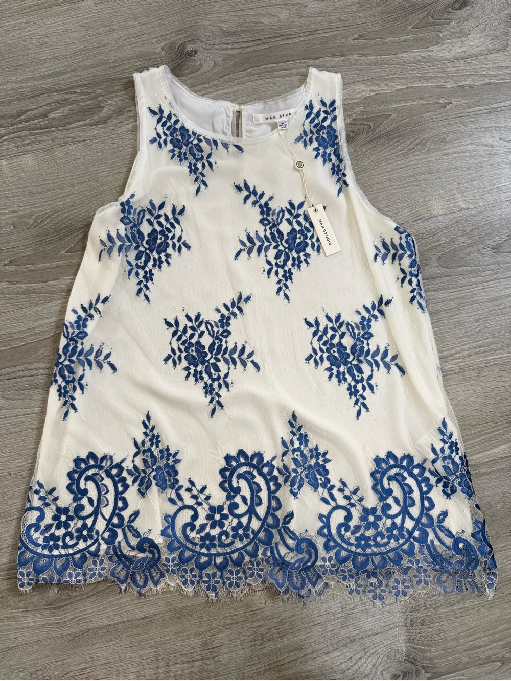 Max Studio Lace Cream Tank with Blue Floral Embroidery - Dressy‎